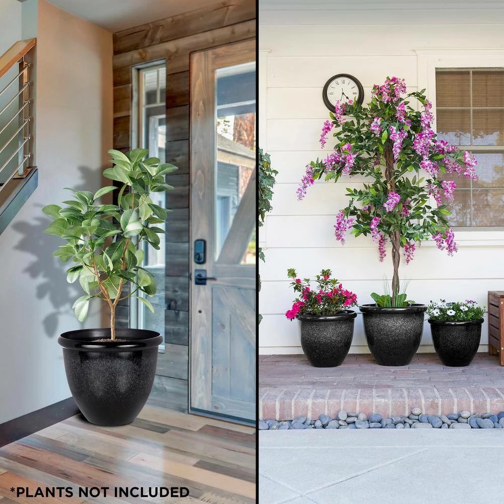 Alpine Corporation Indoor/Outdoor Stone Planters with Drainage Holes and Plugs, Speckled Black (Set of 3) - Image 2