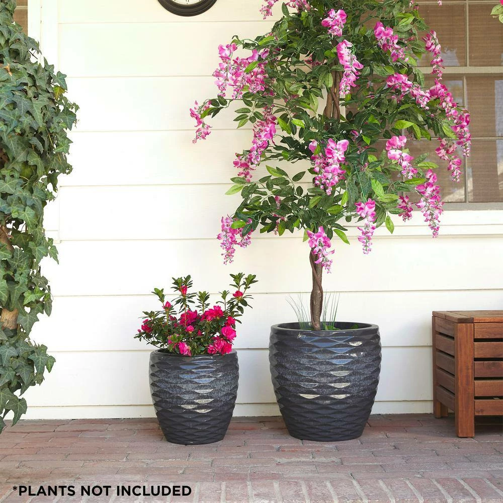 Alpine Corporation Indoor/Outdoor Embossed Stone Wave Planters with Drainage Holes, Speckled Gray (Set of 2) - Image 12