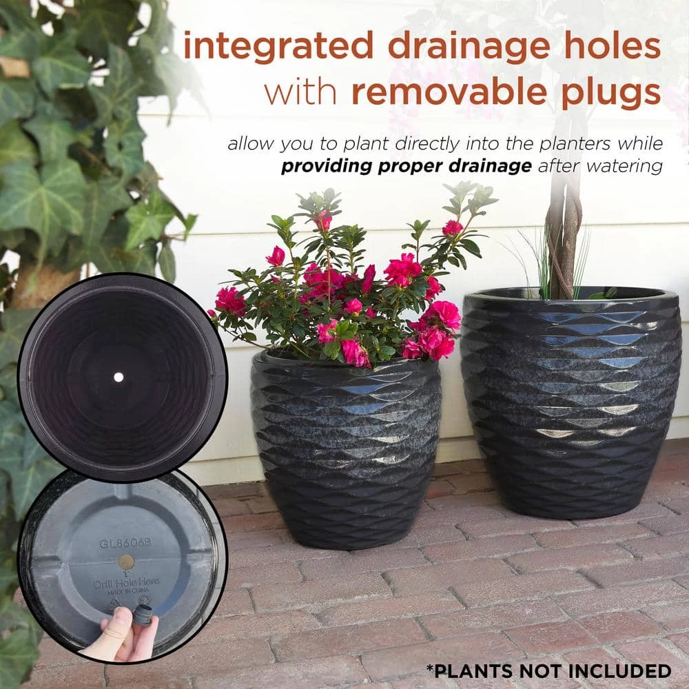 Alpine Corporation Indoor/Outdoor Embossed Stone Wave Planters with Drainage Holes, Speckled Gray (Set of 2) - Image 6