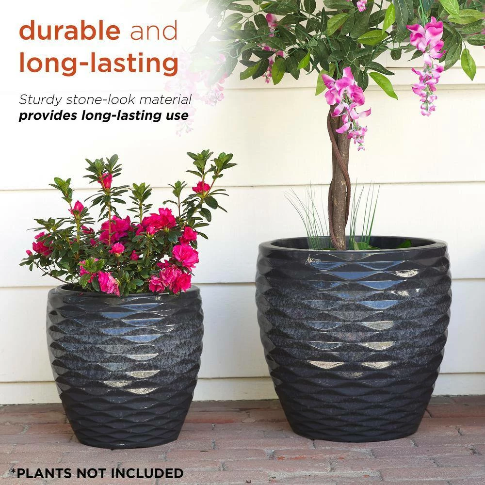Alpine Corporation Indoor/Outdoor Embossed Stone Wave Planters with Drainage Holes, Speckled Gray (Set of 2) - Image 7