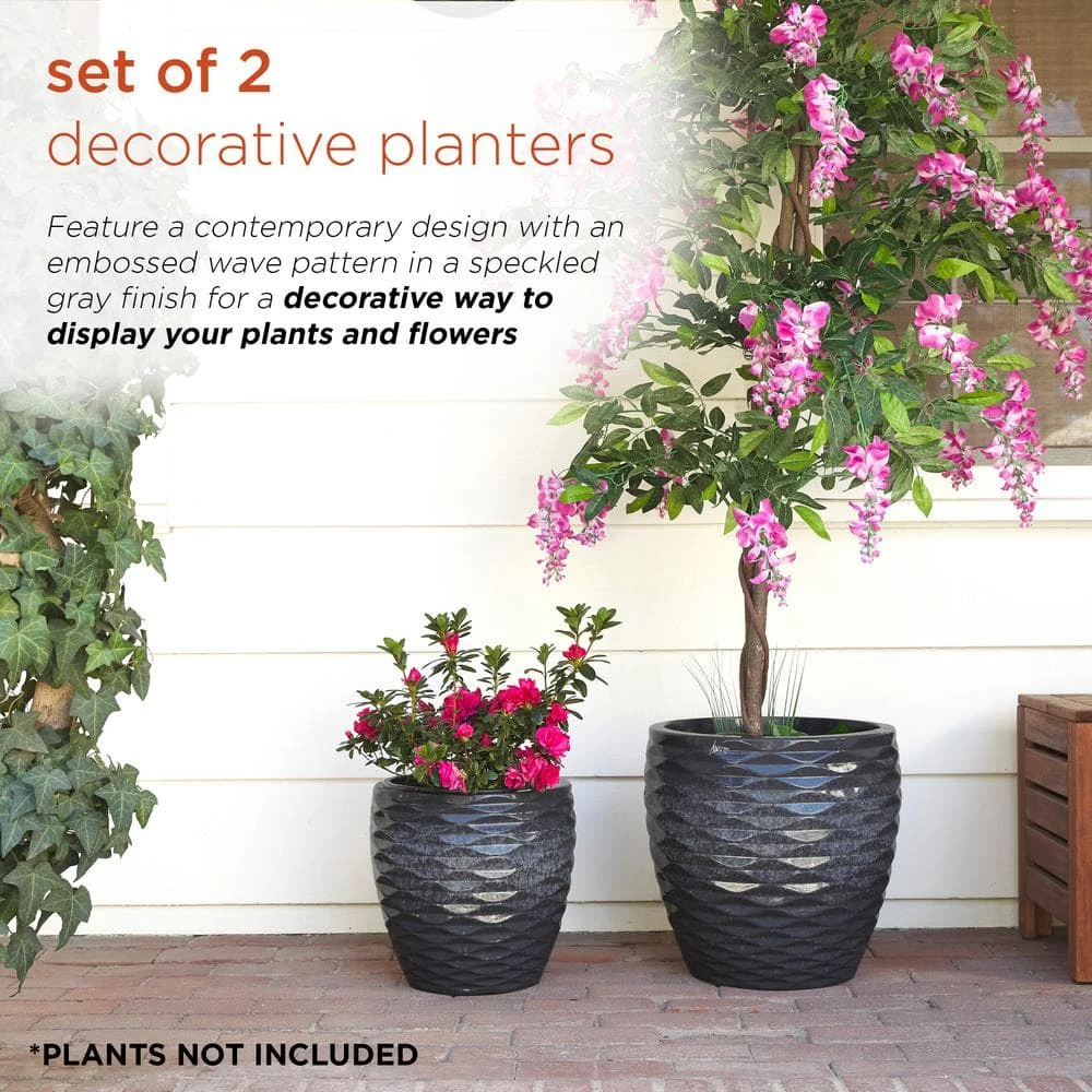Alpine Corporation Indoor/Outdoor Embossed Stone Wave Planters with Drainage Holes, Speckled Gray (Set of 2) - Image 4