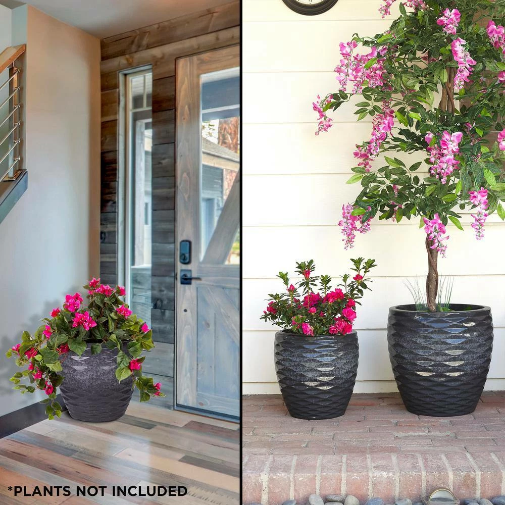 Alpine Corporation Indoor/Outdoor Embossed Stone Wave Planters with Drainage Holes, Speckled Gray (Set of 2) - Image 2