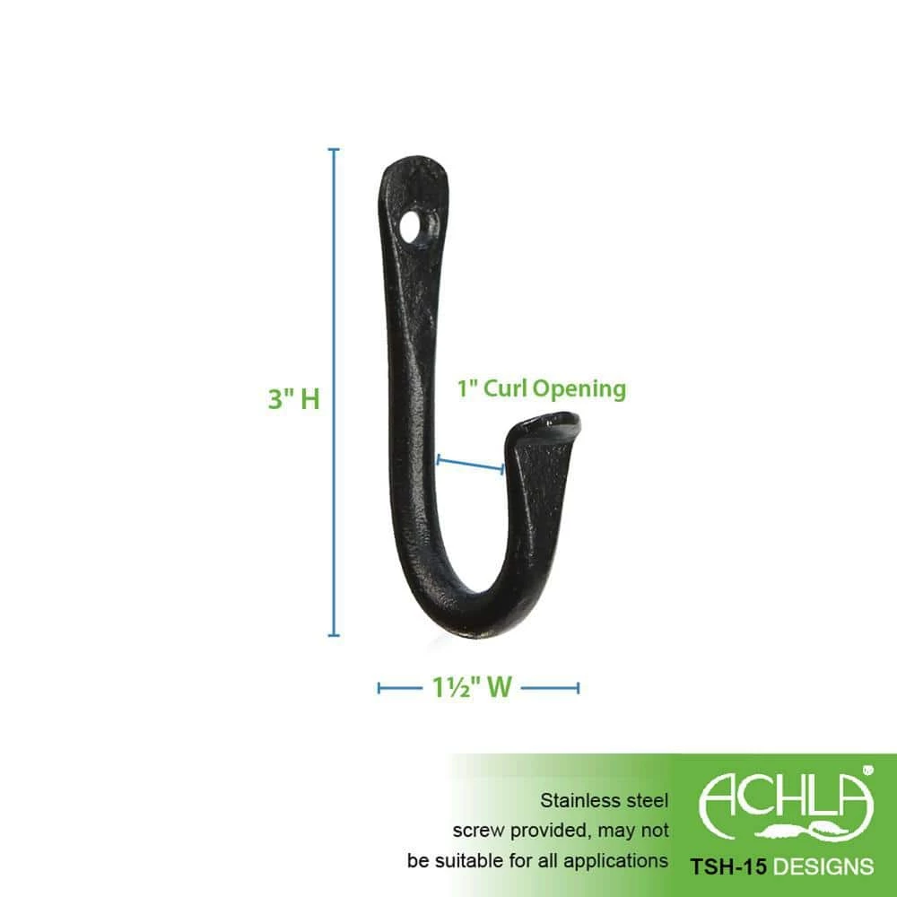 ACHLA DESIGNS 3 in. Tall Black Powder Coat Metal Multi-Use J-Hook Brackets (Set of 3) - Image 2