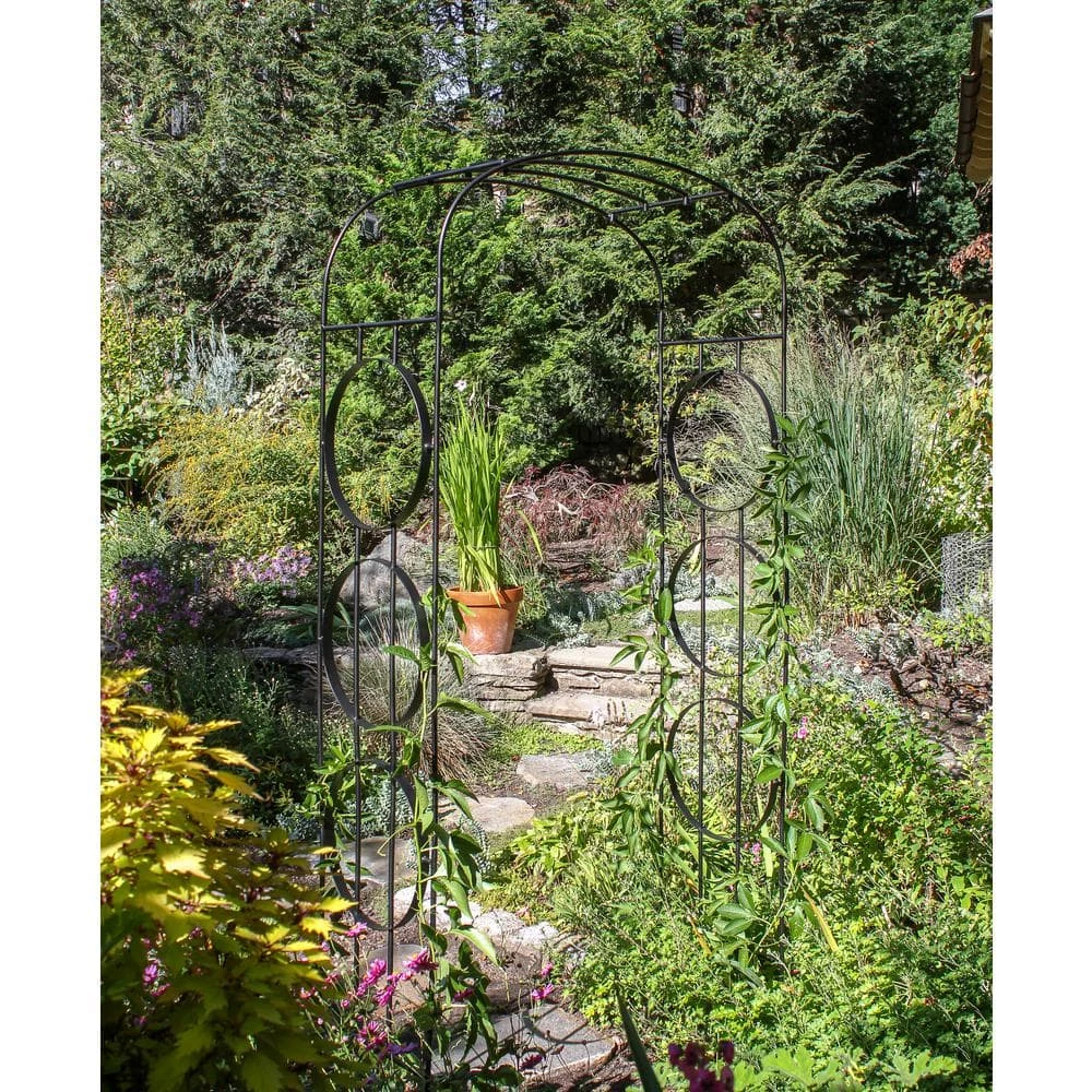 ACHLA DESIGNS 92.25 in. H Black Powder Coated Finish Wrought Iron Samsara Garden Arbor w/4 Ground Stakes - Image 5