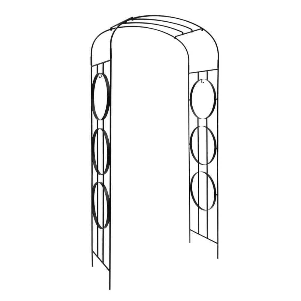 ACHLA DESIGNS 92.25 in. H Black Powder Coated Finish Wrought Iron Samsara Garden Arbor w/4 Ground Stakes