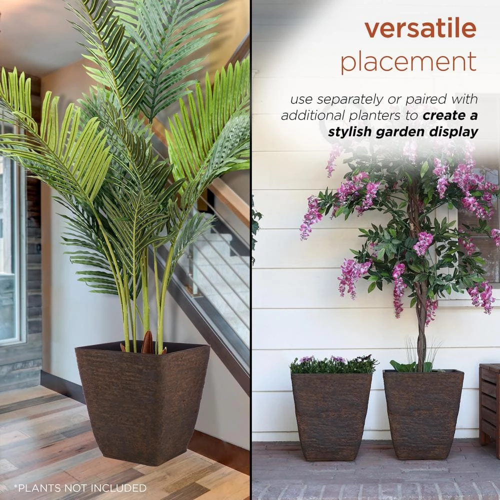 Alpine Corporation Indoor/Outdoor Resin Stone-look Squared Planter, Large, Brown (Set of 2) - Image 5