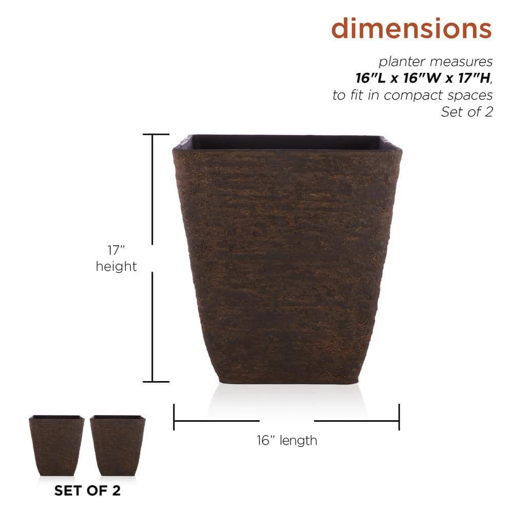 Alpine Corporation Indoor/Outdoor Resin Stone-look Squared Planter, Large, Brown (Set of 2) - Image 3