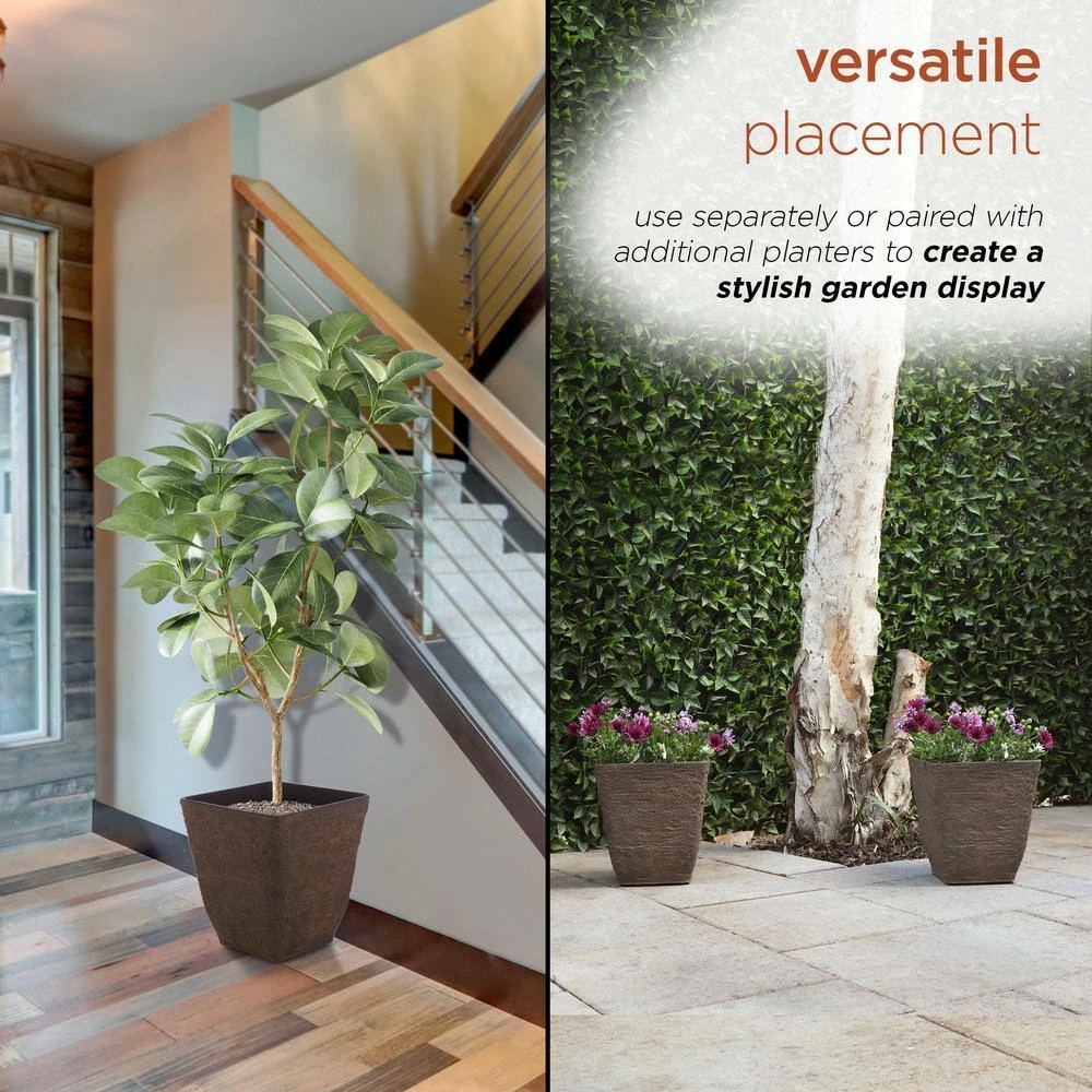 Alpine Corporation Small, Brown Indoor/Outdoor Stone-Look Resin Squared Planter (Set of 2) - Image 5