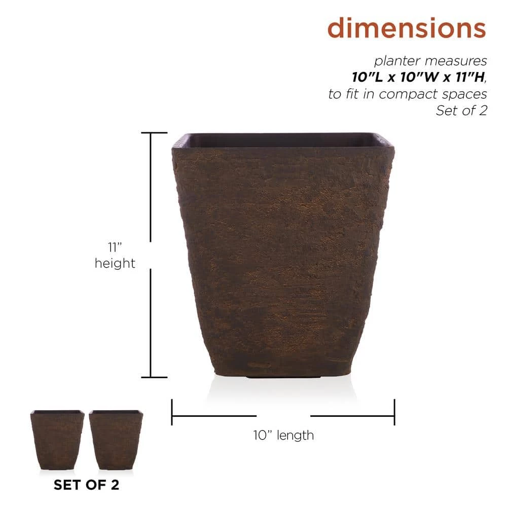 Alpine Corporation Small, Brown Indoor/Outdoor Stone-Look Resin Squared Planter (Set of 2) - Image 3