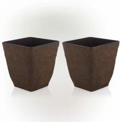 Alpine Corporation Small, Brown Indoor/Outdoor Stone-Look Resin Squared Planter (Set of 2)