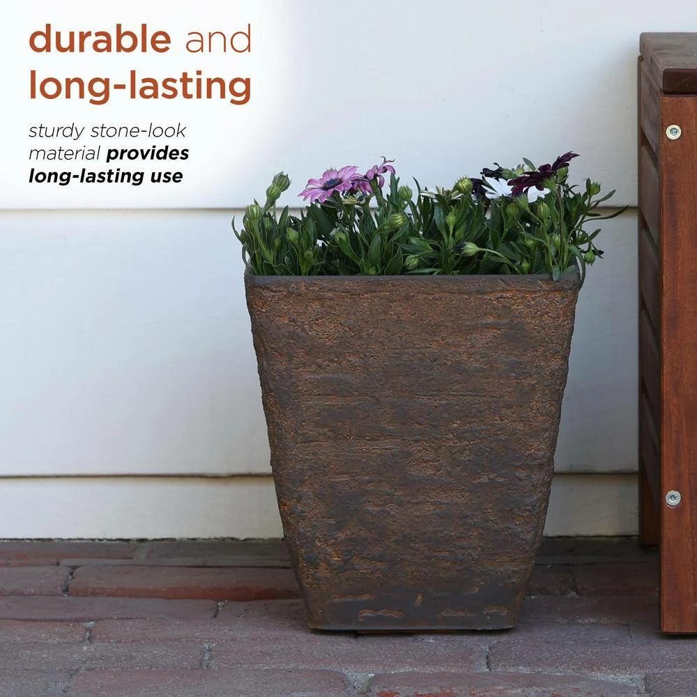 Alpine Corporation Small, Brown Indoor/Outdoor Stone-Look Resin Squared Planter (Set of 2) - Image 7