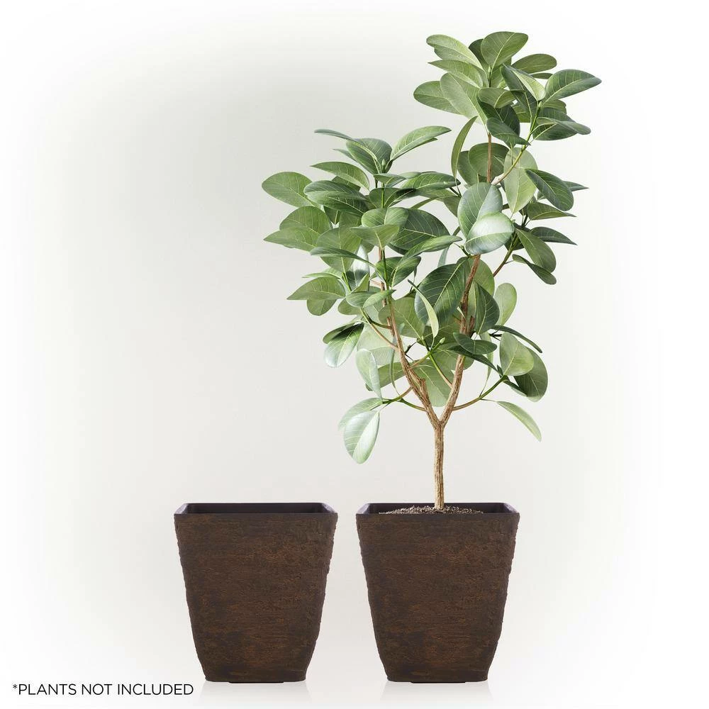 Alpine Corporation Small, Brown Indoor/Outdoor Stone-Look Resin Squared Planter (Set of 2) - Image 8
