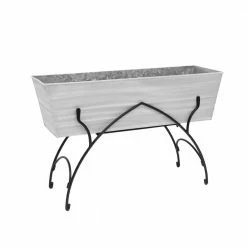 ACHLA DESIGNS 35.25 in. L Rectangular Cape Cod White Galvanized Steel Indoor Outdoor Large Flower Box w/Black Wrought Iron Bella Stand
