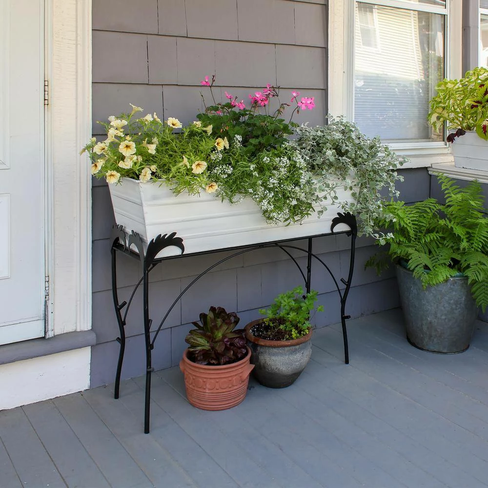 ACHLA DESIGNS 30 in. H Rectangular Cape Cod White Galvanized Steel Indoor Outdoor Large Flower Box with Black Wrought Iron Flora Stand - Image 5