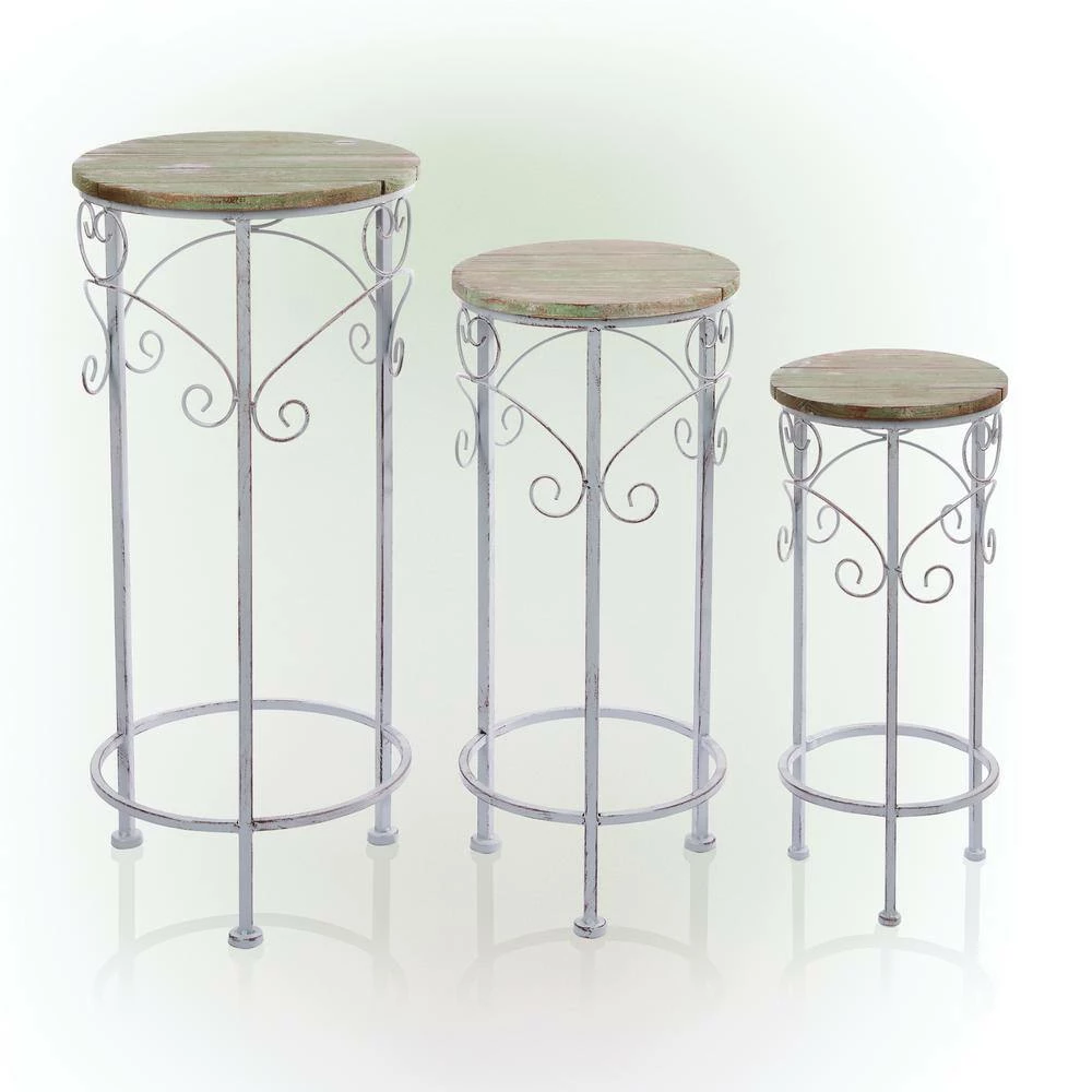 Alpine Corporation Indoor/Outdoor Cream/Light Green Metal and Wooden Planter Stands (Set of 3) - Image 9