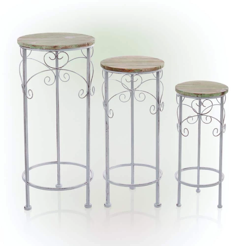 Alpine Corporation Indoor/Outdoor Cream/Light Green Metal and Wooden Planter Stands (Set of 3)