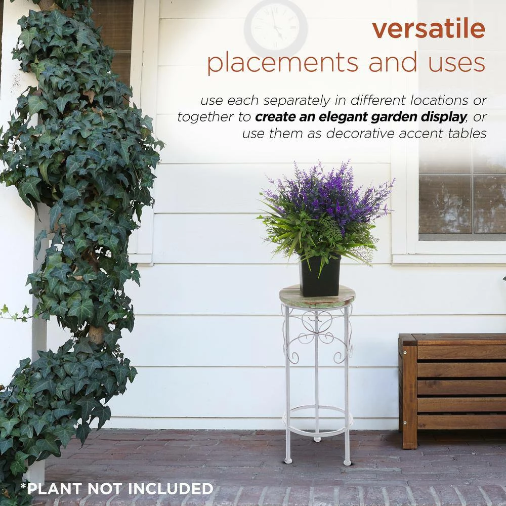 Alpine Corporation Indoor/Outdoor Cream/Light Green Metal and Wooden Planter Stands (Set of 3) - Image 6