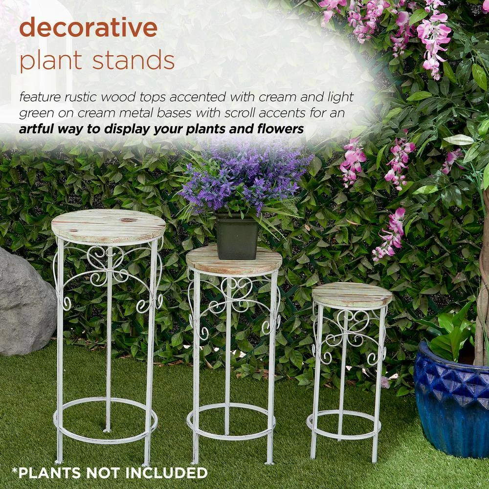 Alpine Corporation Indoor/Outdoor Cream/Light Green Metal and Wooden Planter Stands (Set of 3) - Image 4