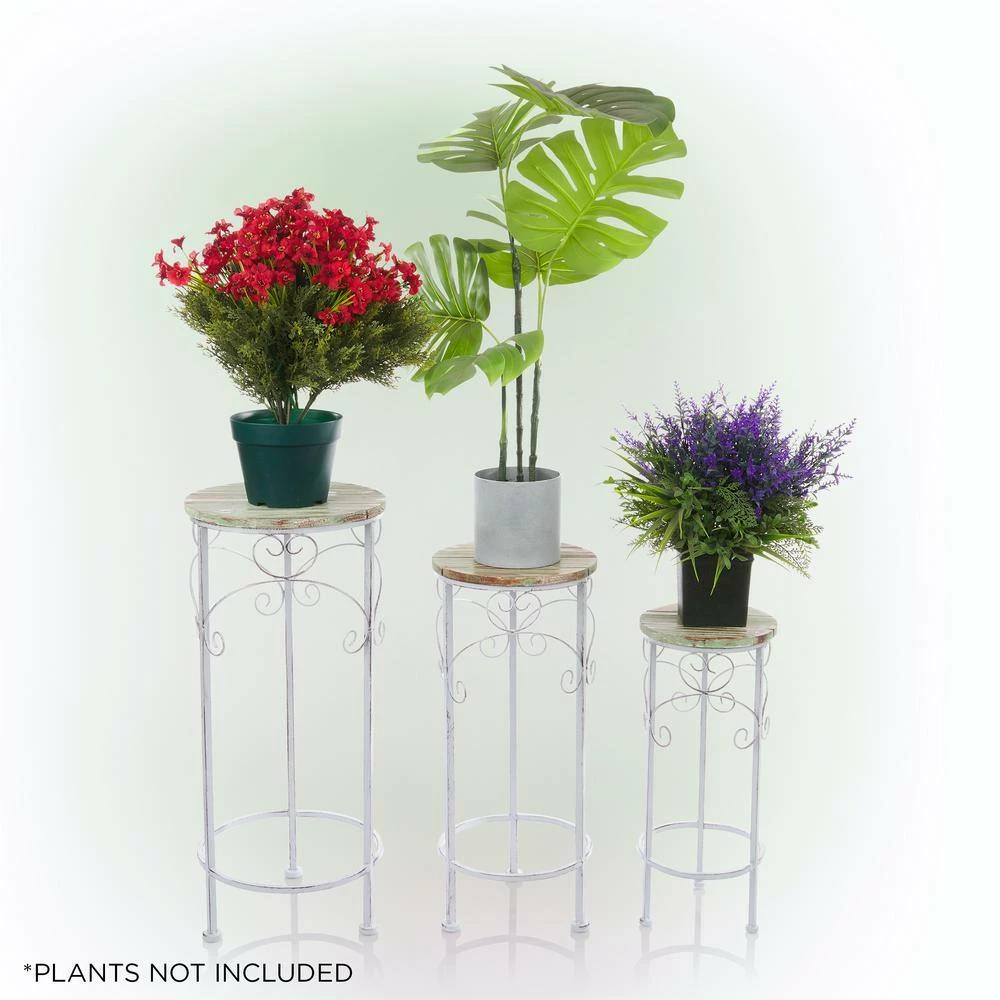 Alpine Corporation Indoor/Outdoor Cream/Light Green Metal and Wooden Planter Stands (Set of 3) - Image 8