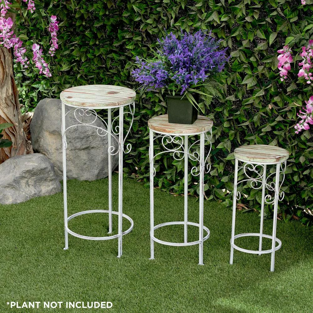 Alpine Corporation Indoor/Outdoor Cream/Light Green Metal and Wooden Planter Stands (Set of 3) - Image 2