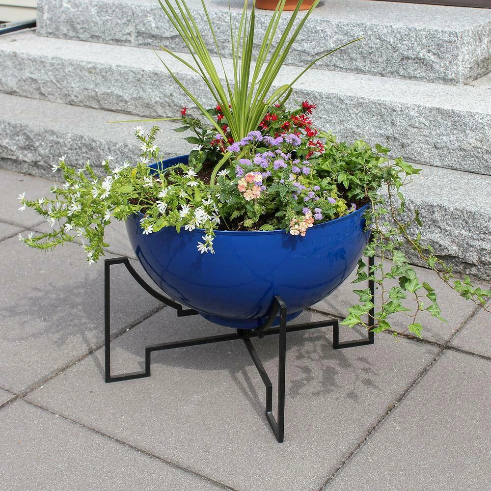 ACHLA DESIGNS 20 in. Dia Round French Blue Galvanized Steel Planter Bowl with Black Wrought Iron Plant Stand - Image 4