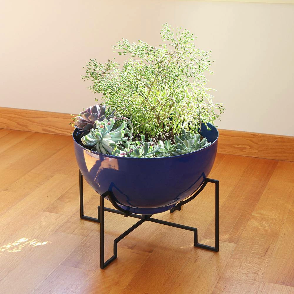 ACHLA DESIGNS 20 in. Dia Round French Blue Galvanized Steel Planter Bowl with Black Wrought Iron Plant Stand - Image 3
