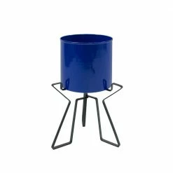 ACHLA DESIGNS 8 in. Dia Cylinder French Blue Galvanized Steel Planter Pot with Black Wrought Iron Plant Stand