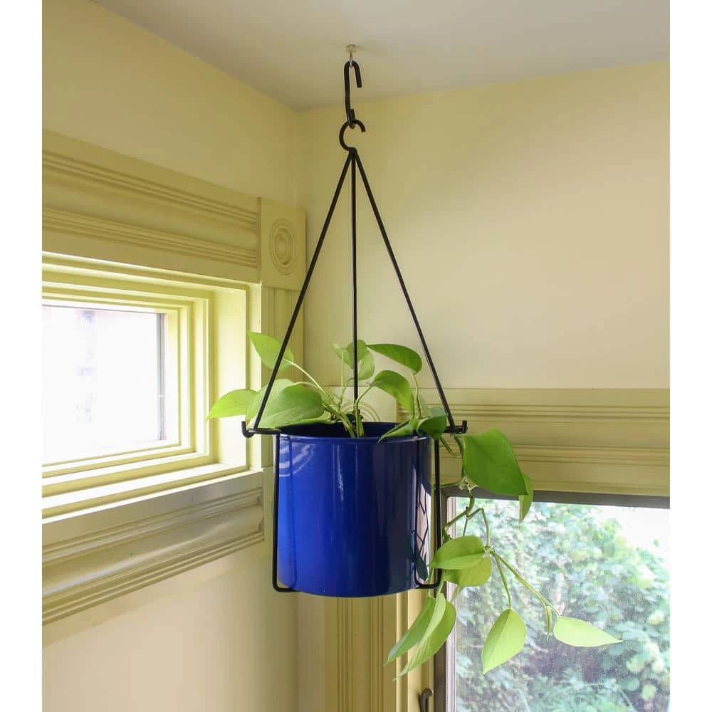 ACHLA DESIGNS 22.5 in. H Black Wrought Iron Indoor Outdoor Vera Hanging Planter w/Cylindrical French Blue Galvanized Steel Pot - Image 3