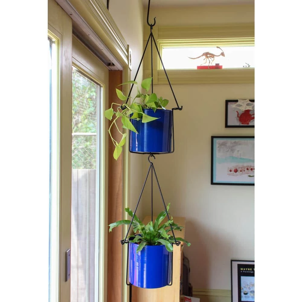 ACHLA DESIGNS 22.5 in. H Black Wrought Iron Indoor Outdoor Vera Hanging Planter w/Cylindrical French Blue Galvanized Steel Pot - Image 7