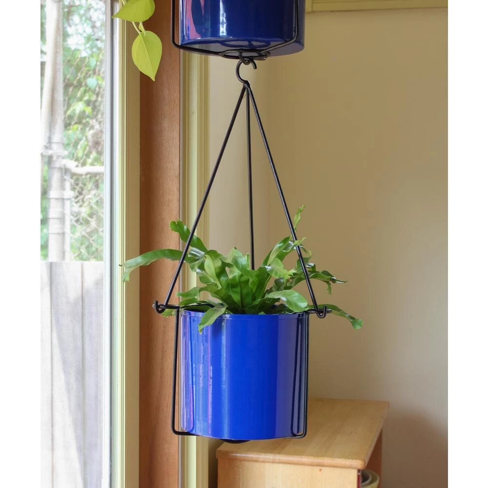 ACHLA DESIGNS 22.5 in. H Black Wrought Iron Indoor Outdoor Vera Hanging Planter w/Cylindrical French Blue Galvanized Steel Pot - Image 6