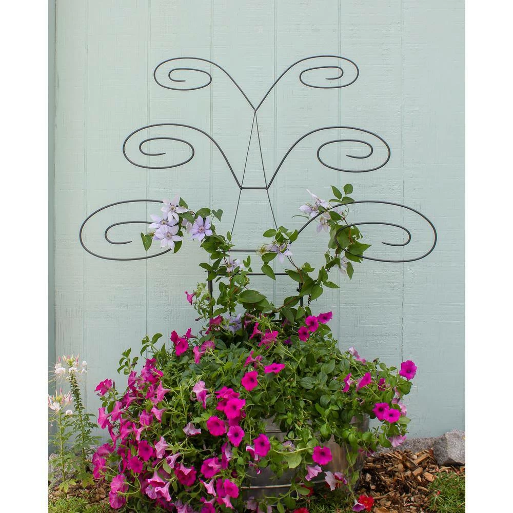ACHLA DESIGNS 49.75 in. H Graphite Powdercoated Wrought Iron Outdoor Garden Butterfly Trellis - Image 4