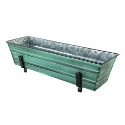ACHLA DESIGNS 22 in. W Green Patina Small Galvanized Steel Flower Box Planter With Brackets for 2 x 4 Railings