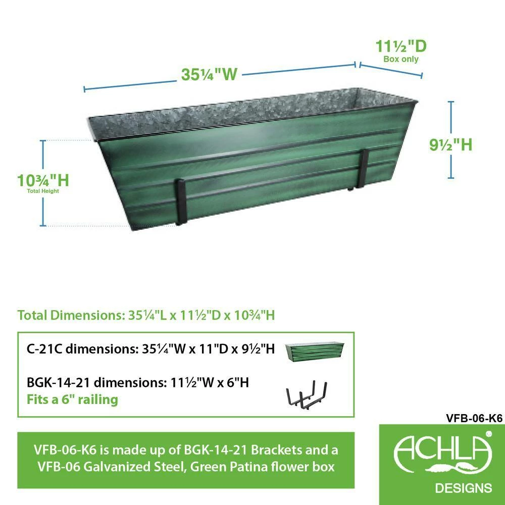 ACHLA DESIGNS 35.25 in. W Green Large Galvanized Steel Flower Box with Brackets for 2 x 6 Railings - Image 2