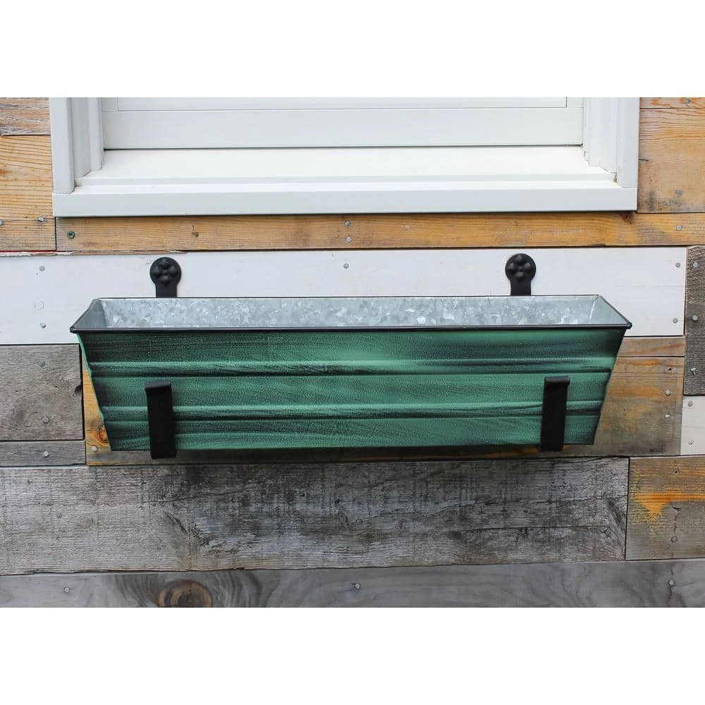 ACHLA DESIGNS 22 in. W Green Patina Small Galvanized Steel Flower Box Planter With Wall Brackets - Image 3