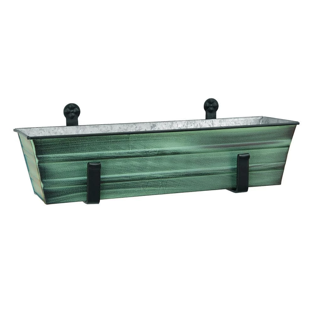 ACHLA DESIGNS 22 in. W Green Patina Small Galvanized Steel Flower Box Planter With Wall Brackets