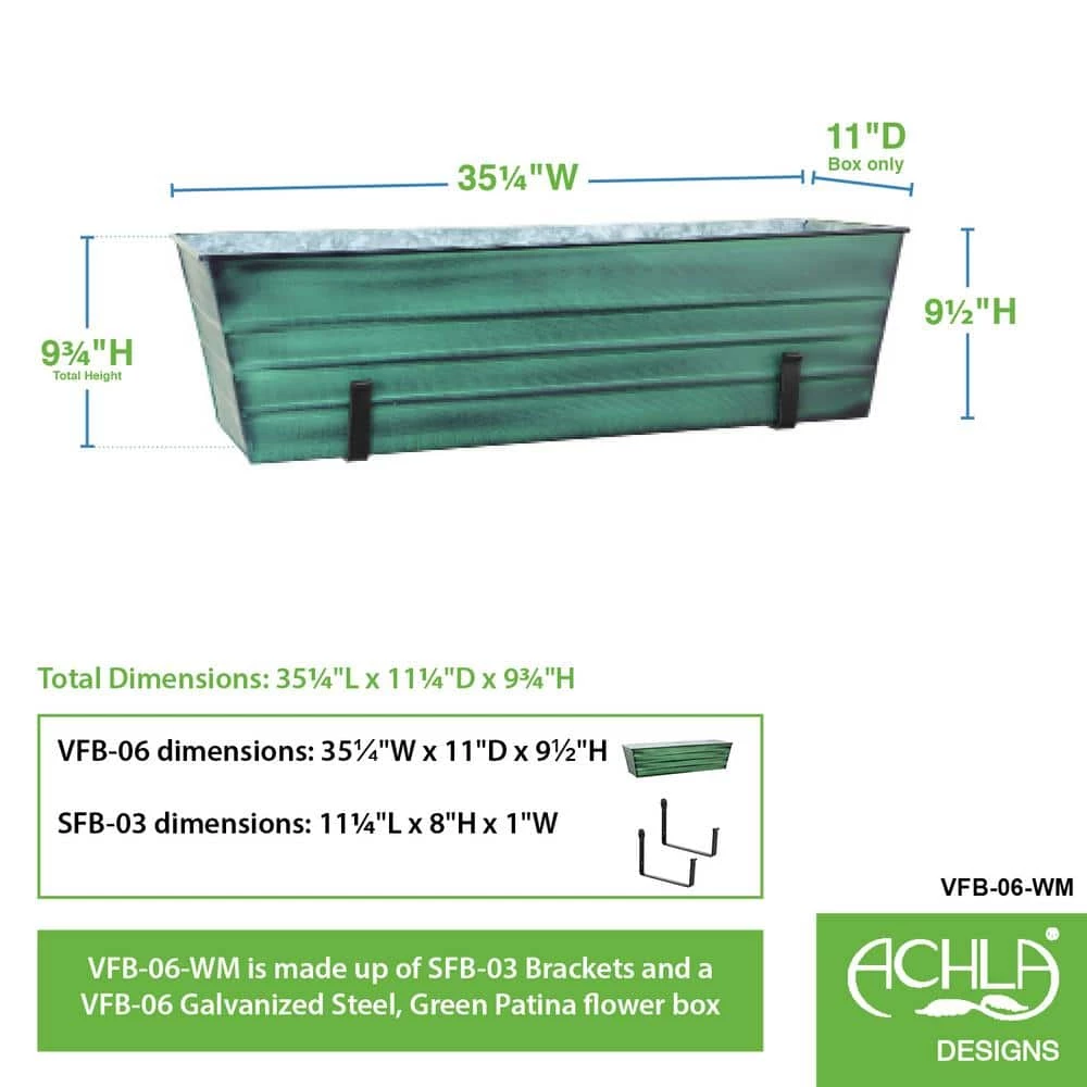 ACHLA DESIGNS 35.25 in. W Green Large Galvanized Steel Flower Box with Wall Brackets - Image 2