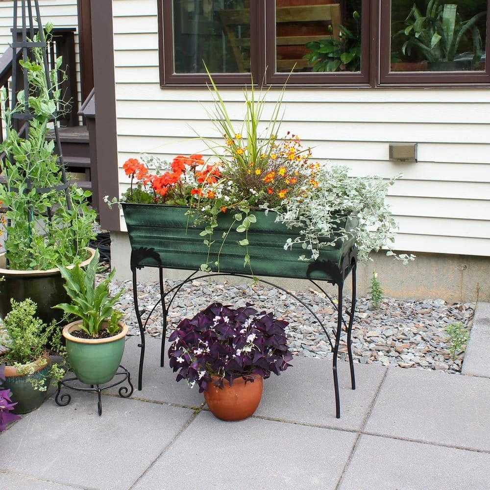 ACHLA DESIGNS 30 in. H Rectangular Classic Green Galvanized Steel Indoor Outdoor Large Flower Box with Black Wrought Iron Flora Stand - Image 6