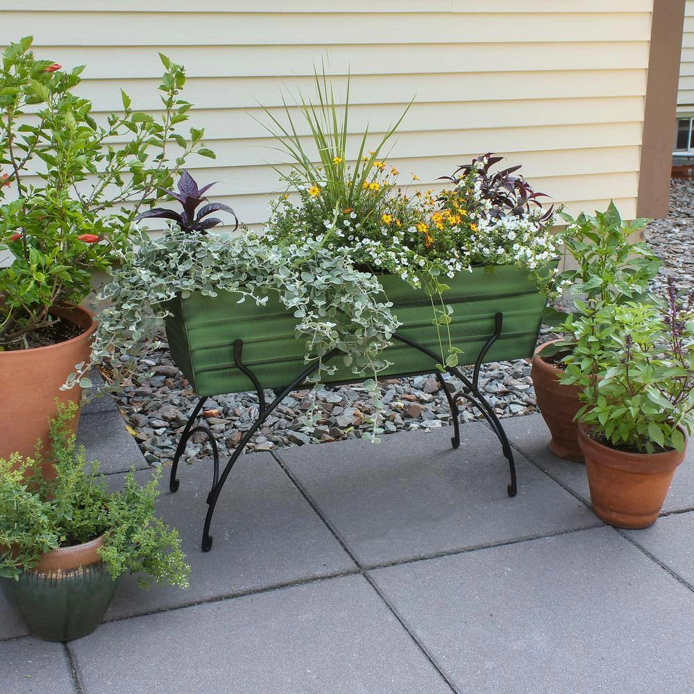 ACHLA DESIGNS 35.25"L Rectangular Classic Green, Galvanized Steel Indoor Outdoor Large Flower Box w/Black Wrought Iron Bella Stand - Image 5