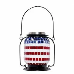Alpine Corporation 7 in. Tall Hanging Solar Powered Outdoor Patriotic Lantern with LED Lights