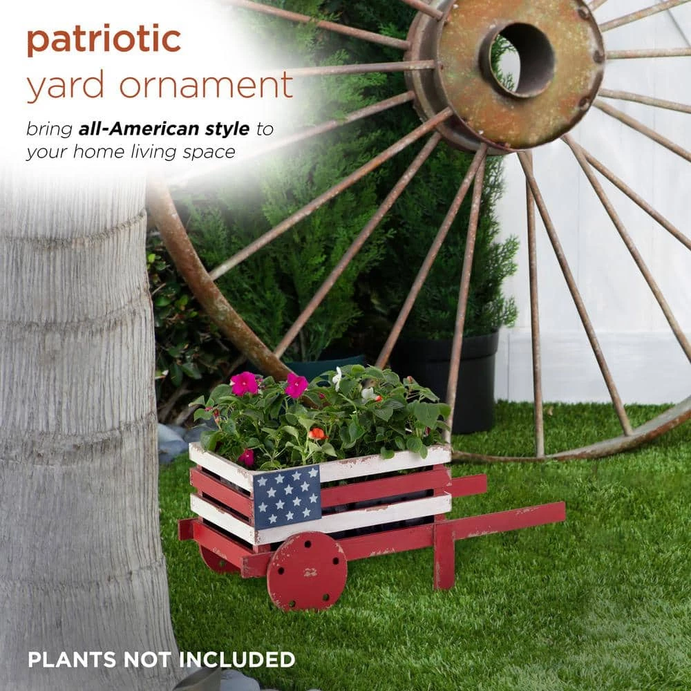 Alpine Corporation 9 in. Tall Indoor/Outdoor Rustic Wooden American Flag Wheelbarrow Planter - Image 6