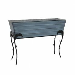 ACHLA DESIGNS 25.75"H Rectangular Nantucket Blue, Galvanized Steel Indoor Outdoor Large Flower Box w/Black Wrought Iron Flora Stand