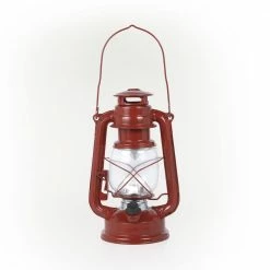Alpine Corporation 10 in. H Indoor/Outdoor Metal and Glass Hurricane Lantern with Dimmable LED Lights, Red
