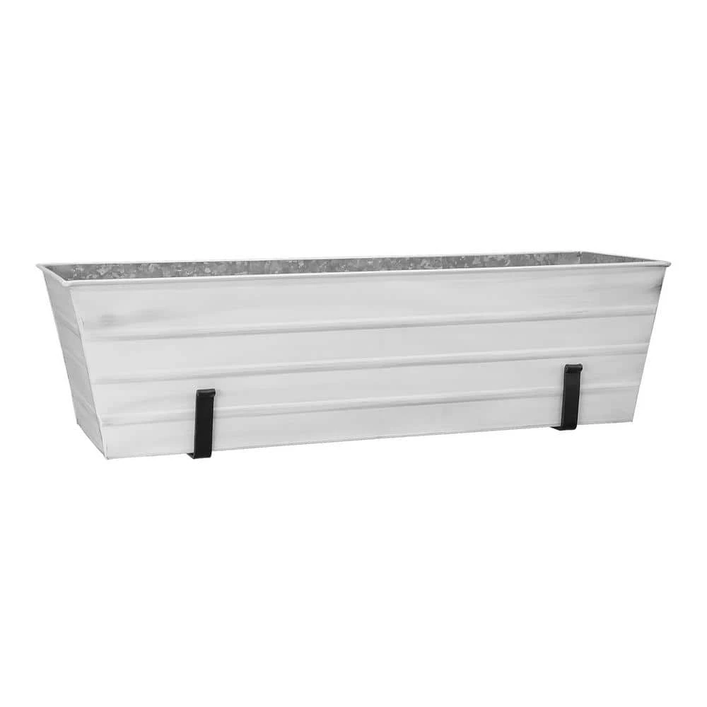 ACHLA DESIGNS 35.25 in. W Cape Cod White Large Galvanized Steel Flower Box Planter With Wall Brackets