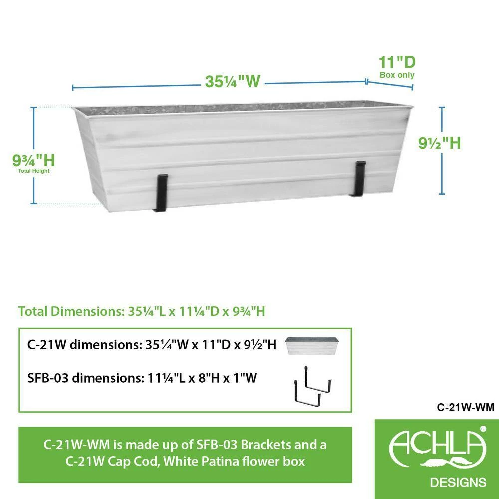 ACHLA DESIGNS 35.25 in. W Cape Cod White Large Galvanized Steel Flower Box Planter With Wall Brackets - Image 2