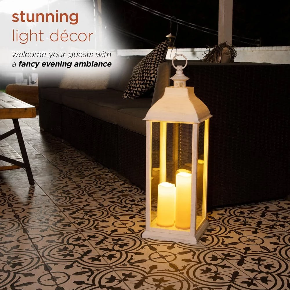 Alpine Corporation 28 in. Tall Outdoor Battery-Operated Lantern with LED Lights, White - Image 4