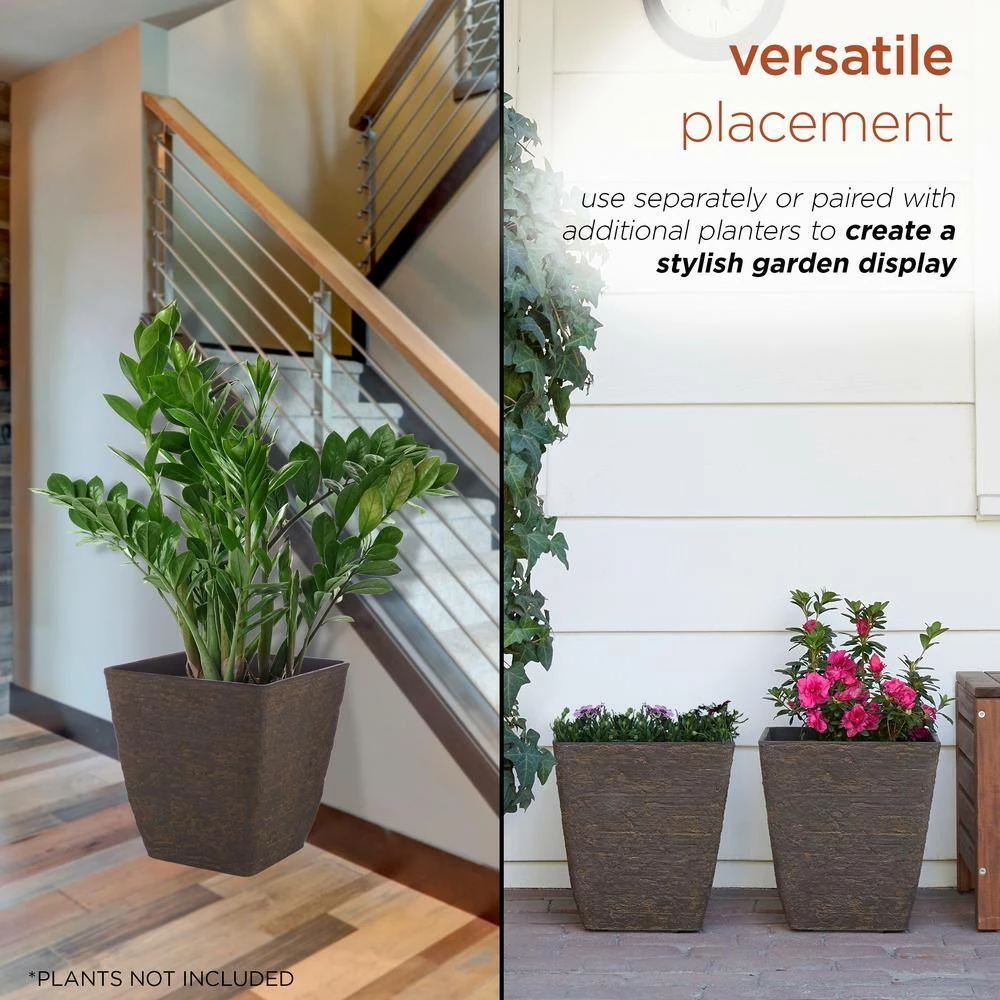 Alpine Corporation Medium Brown Indoor/Outdoor Stone-Look Resin Squared Planter (Set of 2) - Image 5