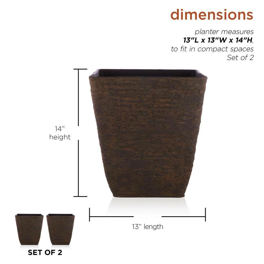 Alpine Corporation Medium Brown Indoor/Outdoor Stone-Look Resin Squared Planter (Set of 2) - Image 3