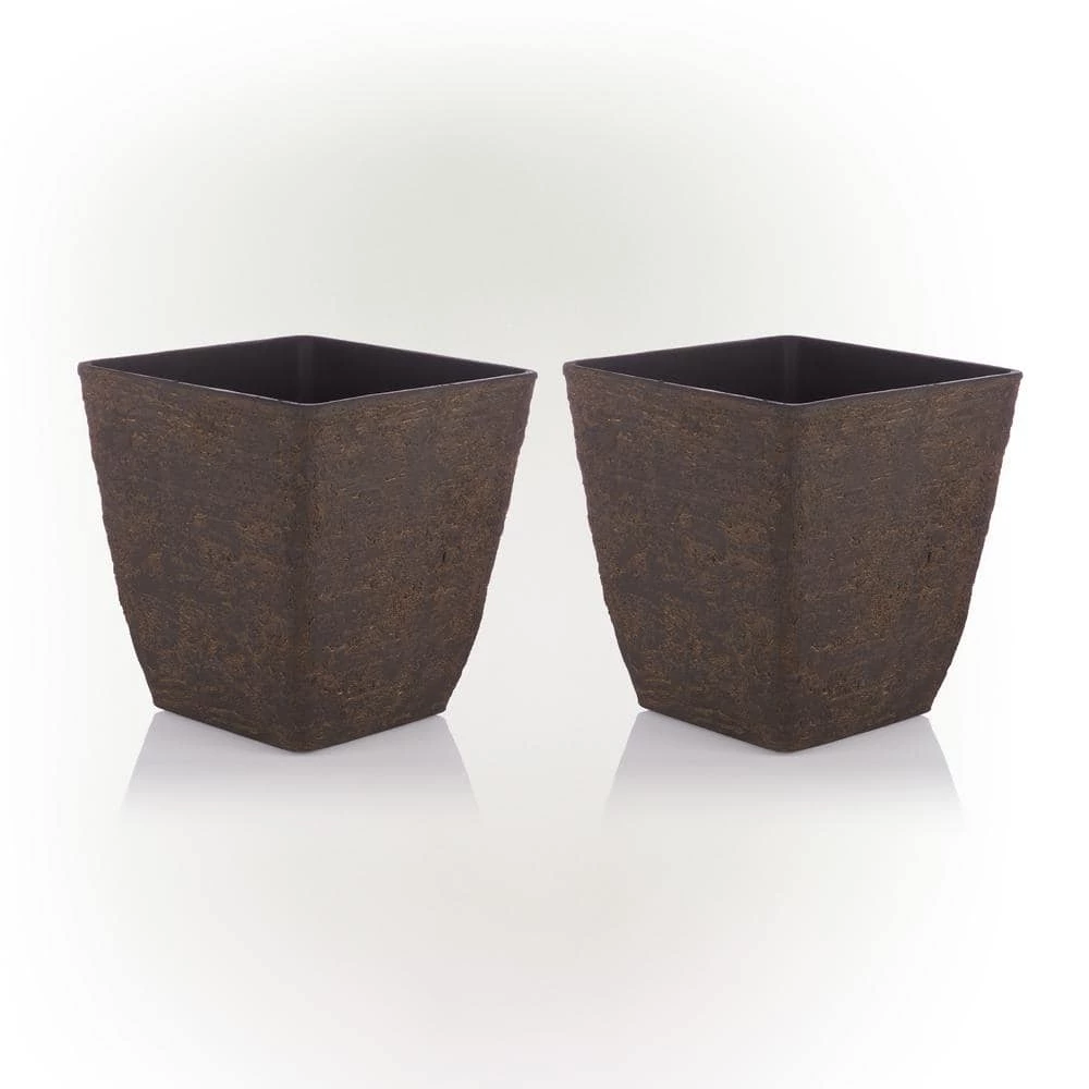 Alpine Corporation Medium Brown Indoor/Outdoor Stone-Look Resin Squared Planter (Set of 2)
