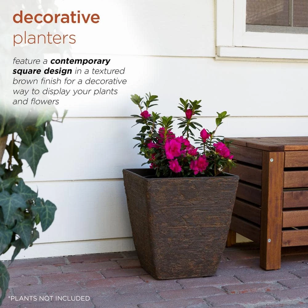 Alpine Corporation Medium Brown Indoor/Outdoor Stone-Look Resin Squared Planter (Set of 2) - Image 4